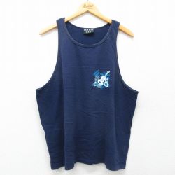 XL★古着 ビンテージ タンクトップ メンズ 90年代 90s ウクレレ ハイビスカス コットン クルーネック USA製 紺 ネイビー 25jun30 中古