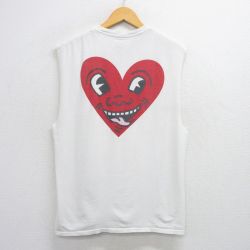 L★古着 ノースリーブ Tシャツ メンズ キースヘリング ハート コットン クルーネック 白 ホワイト 25jul03 中古