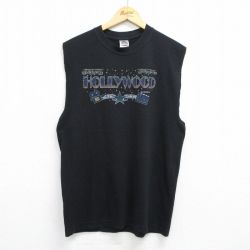 【20%OFF】L★古着 ノースリーブ ビンテージ Tシャツ メンズ 00年代 00s ハリウッド クルーネック 黒 ブラック 25jul03 中古