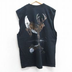 L★古着 ノースリーブ ビンテージ Tシャツ メンズ 90年代 90s 7 シカ コットン クルーネック 黒 ブラック 25jul05 中古