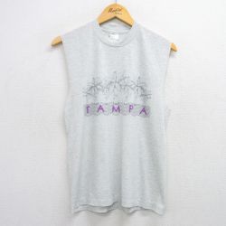 M★古着 ノースリーブ ビンテージ Tシャツ メンズ 90年代 90s ヤシの木 タンパ クルーネック 薄グレー 霜降り 25jul05 中古