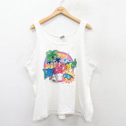 XL★古着 ビンテージ タンクトップ メンズ 90年代 90s マートルビーチ 太陽 ヤシの木 大きいサイズ コットン クルーネック USA製 白 ホワイト 霜降り 25jul07 中古