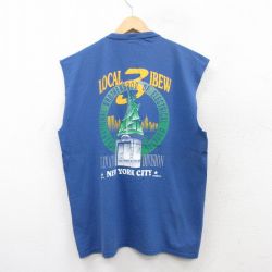 XL★古着 ノースリーブ ビンテージ Tシャツ メンズ 90年代 90s 自由の女神 リンゴ 胸ポケット付き コットン クルーネック USA製 青 ブルー 25jul08 中古