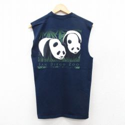 M★古着 ノースリーブ ビンテージ Tシャツ メンズ 00年代 00s パンダ コットン クルーネック 紺 ネイビー 25jul08 中古