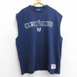 XL★古着 マジェスティック ノースリーブ ビンテージ Tシャツ メンズ 00年代 00s MLB ニューヨークヤンキース 大きいサイズ コットン クルーネック 紺 ネイビー メジャーリーグ ベースボール 野球 25jul08 中古