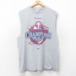 【20%OFF】L★古着 マジェスティック ノースリーブ ビンテージ Tシャツ メンズ 00年代 00s MLB フィラデルフィアフィリーズ ワールドシリーズ クルーネック グレー 霜降り メジャーリーグ ベースボール 野球 25jul10 中古