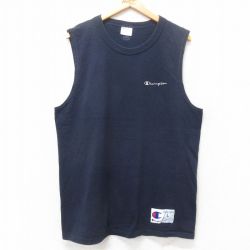 L★古着 チャンピオン champion ノースリーブ ビンテージ Tシャツ メンズ 00年代 00s ワンポイントロゴ コットン クルーネック 紺 ネイビー 25jul10 中古