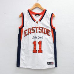 【50%OFF】M★古着 ノースリーブ ビンテージ Tシャツ レディース 90年代 90s EASTSIDE 11 Vネック USA製 白 ホワイト ユニフォーム ゲームシャツ 25jul10 中古