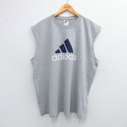 XL★古着 アディダス adidas ノースリーブ ビンテージ Tシャツ メンズ 90年代 90s ビッグロゴ 大きいサイズ クルーネック USA製 グレー 霜降り 25jul10 中古
