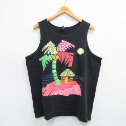 【50%OFF】XL★古着 ビンテージ タンクトップ メンズ 90年代 90s ヤシの木 コットン クルーネック USA製 黒 ブラック 25jul10 中古