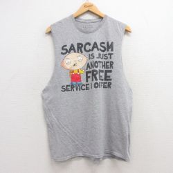 【50%OFF】L★古着 ノースリーブ Tシャツ メンズ アニメ ファミリーガイ クルーネック グレー 霜降り 25jul12 中古