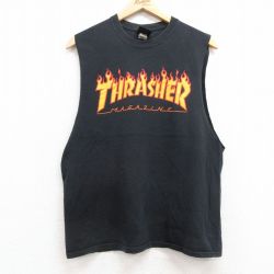 【50%OFF】M★古着 スラッシャー ノースリーブ Tシャツ メンズ ビッグロゴ コットン クルーネック 黒 ブラック 25jul12 中古