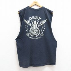 XL★古着 オベイ OBEY ビンテージ ノースリーブ Tシャツ メンズ 00年代 00s ビッグロゴ コットン クルーネック 紺 ネイビー 25jul12 中古
