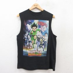 M★古着 ノースリーブ Tシャツ メンズ アニメ ハンターハンター コットン クルーネック 黒 ブラック 【spe】 25jul12 中古