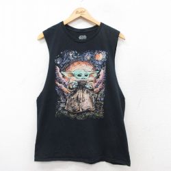 L★古着 ノースリーブ Tシャツ メンズ スターウォーズ STAR WARS グローグー ベビーヨーダ コットン クルーネック 黒 ブラック 25jul12 中古