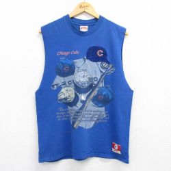 【20%OFF】L★古着 ノースリーブ ビンテージ Tシャツ メンズ 90年代 90s MLB シカゴカブス コットン クルーネック USA製 青 ブルー メジャーリーグ ベースボール 野球 【spe】 25jul14 中古