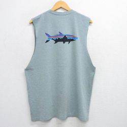 XL★古着 パタゴニア patagonia ノースリーブ Tシャツ メンズ ビッグロゴ 魚 クルーネック グレー系 25jul14 中古