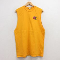 L★古着 チャンピオン Champion ノースリーブ Tシャツ メンズ ワンポイントロゴ クルーネック 黄 イエロー 25jul17 中古