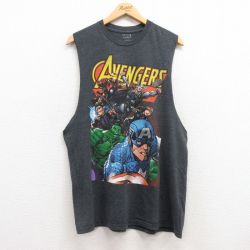 L★古着 ノースリーブ Tシャツ メンズ マーベル アベンジャーズ キャプテンアメリカ クルーネック 濃グレー 霜降り 25jul17 中古