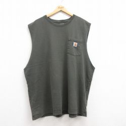 【20%OFF】XL★古着 カーハート Carhartt ノースリーブ Tシャツ メンズ 胸ポケット付き 大きいサイズ ロング丈 コットン クルーネック 緑 グリーン 25jul17 中古