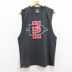 L★古着 チャンピオン Champion ノースリーブ Tシャツ メンズ サンディエゴステートアズテックス クルーネック 濃グレー 霜降り 25jul17 中古