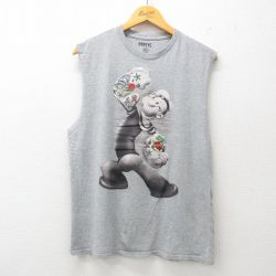 【50%OFF】L★古着 ノースリーブ Tシャツ メンズ アニメ ポパイ クルーネック グレー 霜降り 25jul17 中古