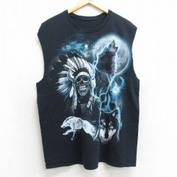 【20%OFF】L★古着 ノースリーブ Tシャツ メンズ スケルトン オオカミ クルーネック 黒 ブラック 25jul17 中古