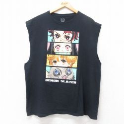 XL★古着 ノースリーブ Tシャツ メンズ アニメ 鬼滅の刃 コットン クルーネック 黒 ブラック 25jul17 中古