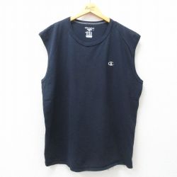 【50%OFF】XL★古着 チャンピオン champion ノースリーブ Tシャツ メンズ ワンポイントロゴ 大きいサイズ コットン クルーネック 濃紺 ネイビー 25jul17 中古