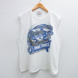 XL★古着 ノースリーブ Tシャツ メンズ レーシングカー ジミージョンソン 大きいサイズ コットン クルーネック 白 ホワイト 25jul18 中古