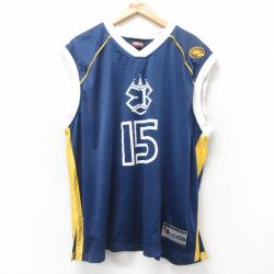 XL★古着 ノースリーブ ビンテージ Tシャツ メンズ 90年代 90s RIMROCKA URBAN MUSIC 15 メッシュ地 大きいサイズ Vネック USA製 紺他 ネイビー ユニフォーム ゲームシャツ 25jul24 中古