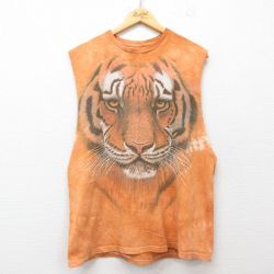 XL★古着 ノースリーブ Tシャツ メンズ トラ コットン クルーネック オレンジ他 タイダイ 25jul19 中古