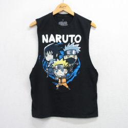 M★古着 ノースリーブ Tシャツ メンズ アニメ ナルト疾風伝 うずまきナルト はたけカカシ うちはサスケ コットン クルーネック 黒 ブラック 25jul19 中古