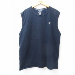【50%OFF】XL★古着 チャンピオン champion ノースリーブ Tシャツ メンズ ワンポイントロゴ 大きいサイズ クルーネック 紺 ネイビー 25jul25 中古