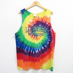 XL★古着 ビンテージ タンクトップ メンズ 00年代 00s レイクジョージ ニューヨーク 大きいサイズ ロング丈 コットン クルーネック 黄他 イエロー タイダイ 25jul25 中古