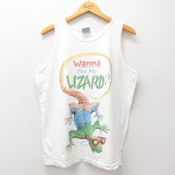 L★古着 ビンテージ タンクトップ メンズ 90年代 90s LIZARD コットン クルーネック USA製 白 ホワイト 25jul26 中古