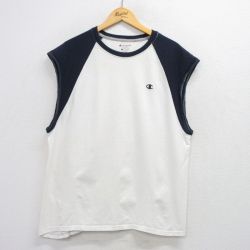 【50%OFF】XL★古着 チャンピオン champion ノースリーブ Tシャツ メンズ ワンポイントロゴ ツートンカラー 大きいサイズ コットン クルーネック 白他 ホワイト 25jul29 中古