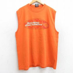 XL★古着 ハーレーダビッドソン Harley Davidson ノースリーブ ビンテージ Tシャツ メンズ 00年代 00s エンジン バイク マコン コットン クルーネック USA製 オレンジ 【spe】 25aug08 中古