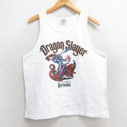 【50%OFF】L★古着 ビンテージ タンクトップ メンズ 90年代 90s ドラゴン 騎士 コットン クルーネック 白 ホワイト 25aug13 中古