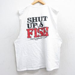 XL★古着 ノースリーブ Tシャツ メンズ FISH 大きいサイズ コットン クルーネック 白 ホワイト 25aug18 中古