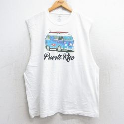 XL★古着 ノースリーブ Tシャツ メンズ 車 コットン クルーネック 白 ホワイト 25aug18 中古