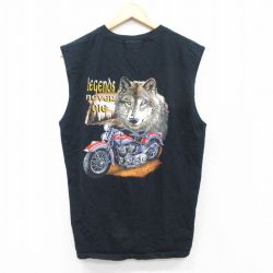 【50%OFF】L★古着 ノースリーブ ビンテージ Tシャツ メンズ 00年代 00s オオカミ バイク コットン クルーネック 黒 ブラック 25aug23 中古