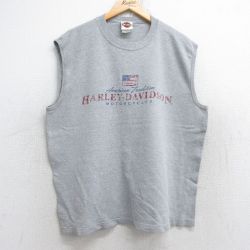 XL★古着 ハーレーダビッドソン Harley Davidson ノースリーブ ビンテージ Tシャツ メンズ 90年代 90s 星条旗 クルーネック USA製 グレー 霜降り 【spe】 25aug23 中古