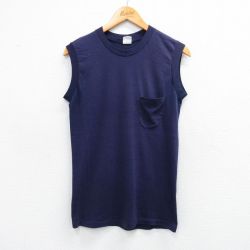 S★古着 ノースリーブ ビンテージ Tシャツ メンズ 80年代 80s 無地 胸ポケット付き クルーネック 紺 ネイビー 25aug23 中古