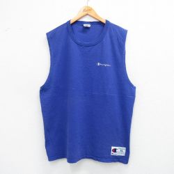XL★古着 チャンピオン champion ノースリーブ ビンテージ Tシャツ メンズ 00年代 00s ワンポイントロゴ 大きいサイズ コットン クルーネック 青 ブルー 25aug25 中古