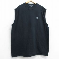 XL★古着 チャンピオン champion ノースリーブ Tシャツ メンズ ワンポイントロゴ 大きいサイズ ロング丈 コットン クルーネック 黒 ブラック 25aug28 中古