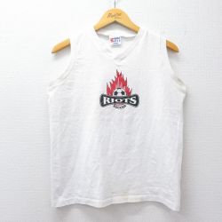 M★古着 ノースリーブ ビンテージ Tシャツ メンズ 90年代 90s RIOT サッカー Vネック USA製 白 26apr09