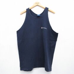 XL★古着 チャンピオン champion ビンテージ タンクトップ メンズ 90年代 90s ワンポイントロゴ コットン クルーネック ネイビー 26jun04