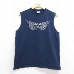L★古着 ノースリーブ ビンテージ Tシャツ メンズ 00年代 00s USAロゴ スターウイング コットン クルーネック ネイビー 26jun11