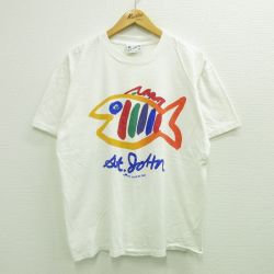 【50%OFF】XL★古着 半袖 ビンテージ Tシャツ メンズ 90年代 90s 魚 コットン クルーネック USA製 白 ホワイト 23jul21 中古